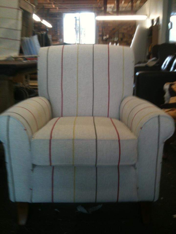 Dining chair reupholstered with striped fabric