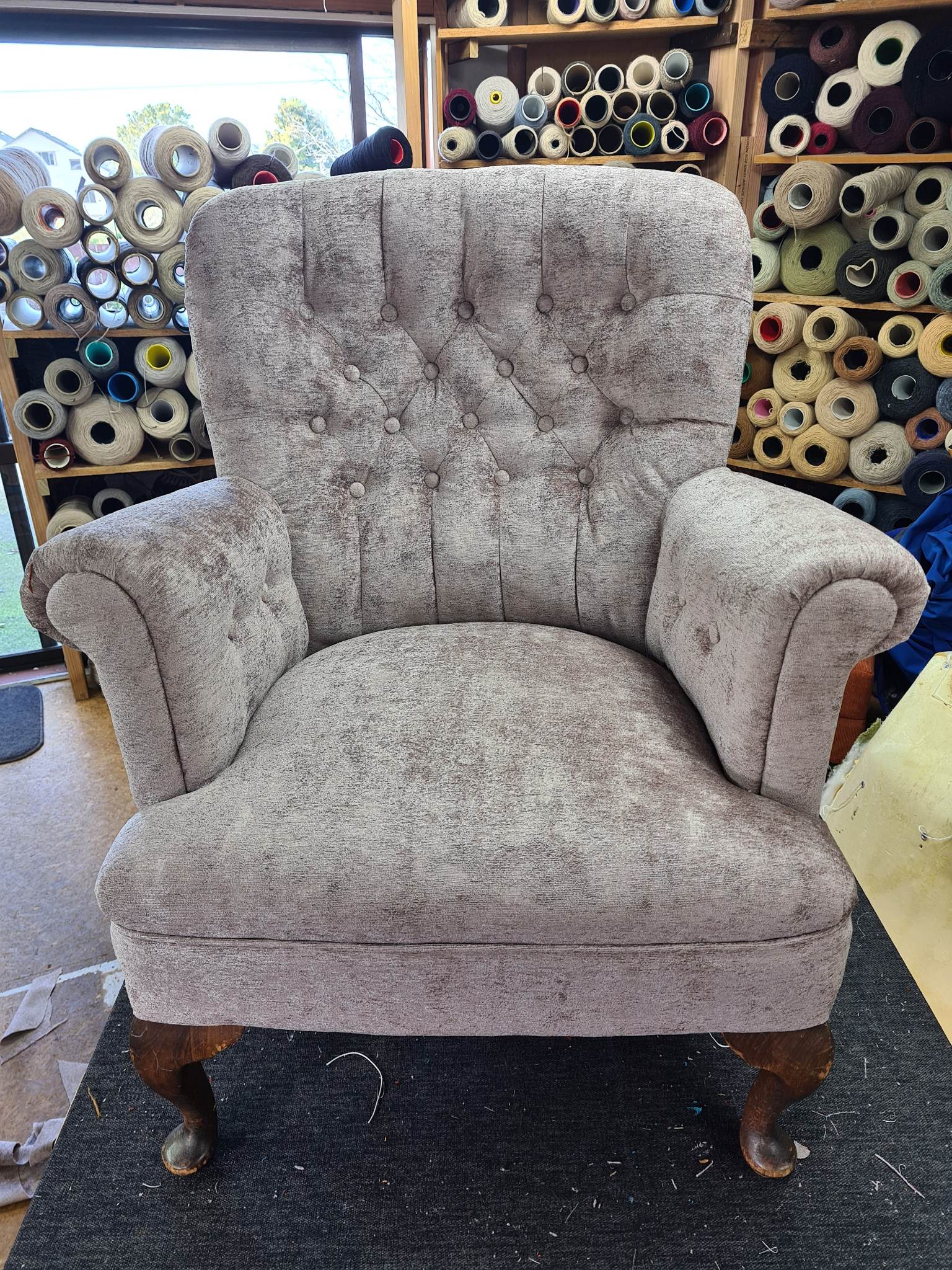 Furniture reupholstery in workshop